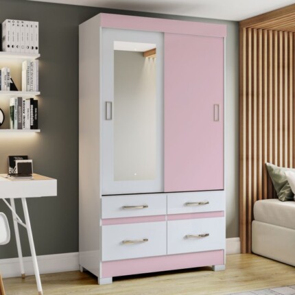 Roupeiro 1,10m 2 Portas Deslizantes BE25 Rosa com Espelho (1489) - Image 1
