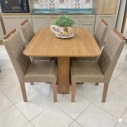 Mesa 1,20m Celeste Freijo (1851) com 4 Cadeiras de Madeira e Linho (3961)