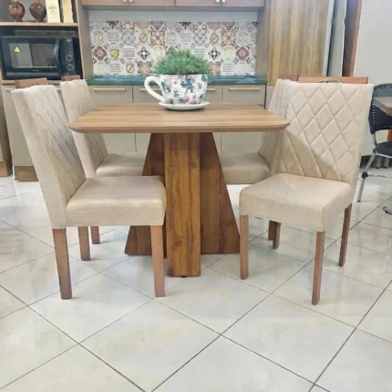 Mesa 1,20m Celeste Freijo (1851) com 4 Cadeiras de Madeira e Linho (3961)