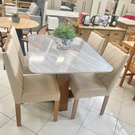 Mesa 1,20m Celeste Quartzo (3198) com 4 Cadeiras de Madeira e Linho (3961)