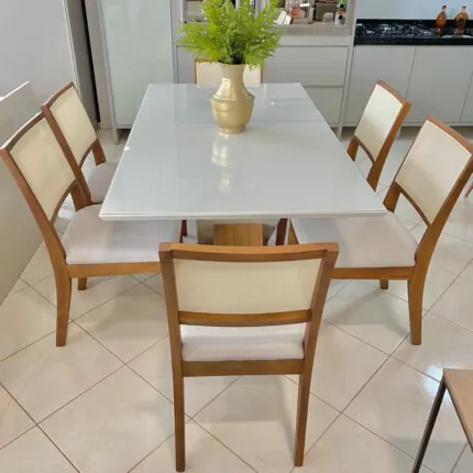 Mesa 1,60m Celeste Vidro Off (555) com 6 Cadeiras Relax de Tela (2060)