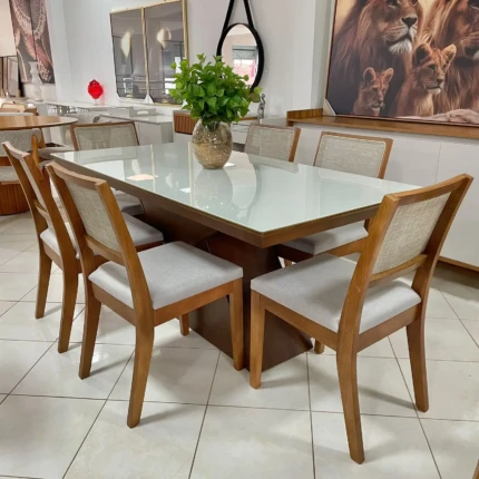 Mesa 1,80m Zafira com Vidro (5989) com 6 Cadeira Relax Linho com Tela (2060)