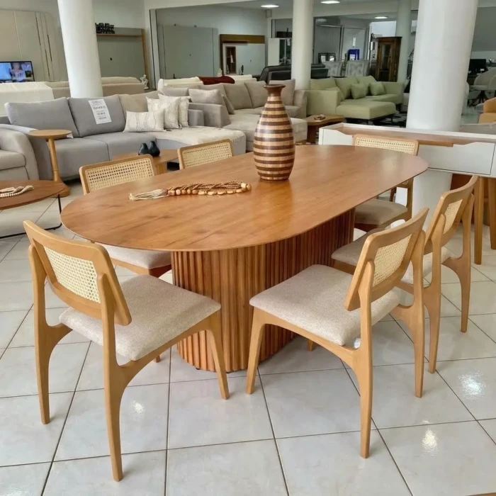 2,20m - IMCAL - Mesa Oval Living Cinamomo (CD 2729) + 06 Cadeira Romana Tela Sintetica Tecido 116 (CD 3788)