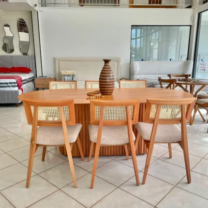 Mesa Oval 2,20m Ripada Cinamomo (2729) com 6 cadeiras Ayla com Tela Natural (2818)
