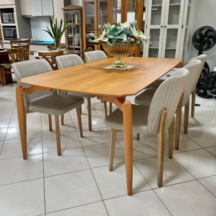 Mesa 2,20m Retangular Malibu (2004) com 6 Cadeiras Citrino em Madeira Tecido Claro Impermeável (5515)