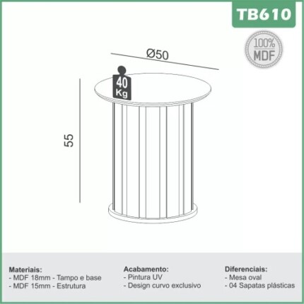 Mesa Lateral TB-610 Ripada 50cm MDF (3246) - Imagem 4