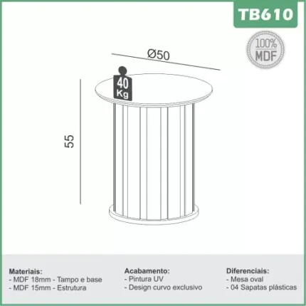 Mesa Lateral TB-610 Ripada 50cm MDF (3246) - Imagem 4