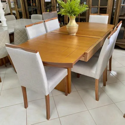 Mesa Extensivel Lorena (5067) com 6 Cadeiras em Madeira e tecido Linho (3961)