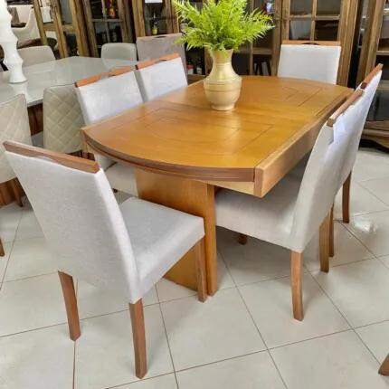Mesa Extensivel Lorena (5067) com 6 Cadeiras em Madeira e tecido Linho (3961) - Imagem 3