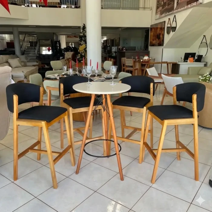 Imcal - Mesa Alta Bistro Gourmet COM VIDRO Redondo 60cm OFF WHITE (CD 5582) + TAKEDA - Banqueta Charmy A-FT 17 FACTOR PRETO (cd 6475)