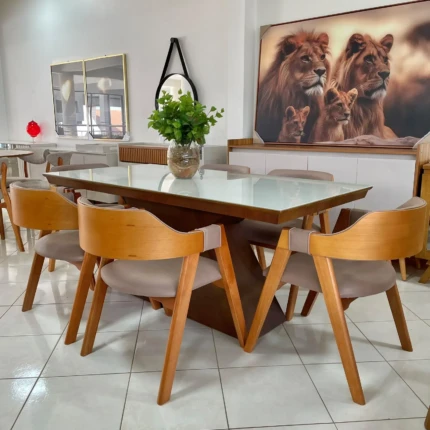 Mesa 1,80m Zafira com Vidro (5989) com 6 Cadeiras Olive Impermeável Facto (1275) - Imagem 1