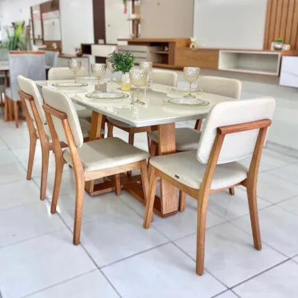 Mesa 1,60m com Vidro Off (555) com 6 Cadeiras Classic Linho (25) - Imagem 1