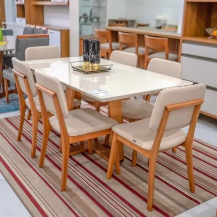 Mesa 1,60m com Vidro Off (555) com 6 Cadeiras Classic Linho (25) - Imagem 3