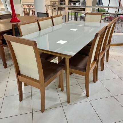 Mesa 2,00m com Vidro Off White (4198) com 8 Cadeiras de Tela Alta (1088) - Imagem 1