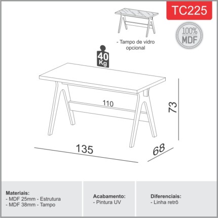 Mesa Escritorio 1,35m Cavalete MDF (1526) - Imagem 4