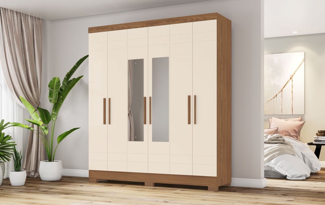 菊花32 Roupeiro 1,60m 6 Portas B369 com Espelhos Nature/Off White (3289