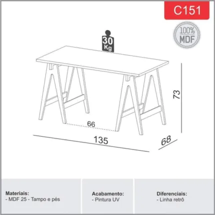 Mesa Escritorio 1,35m Cavalete MDF (6489) - Imagem 4