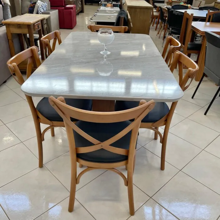 1,70m - Dj - Mesa Celeste com TAMPO MDF QUARTZO (CD 5472) + 6 Cadeiras X Leon Tecido IMPERMEAVEL PRETO (CD 1101) (4)