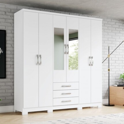 Roupeiro 1,82m 6 Portas Caju com Espelho Branco (579-2536) - Imagem 3