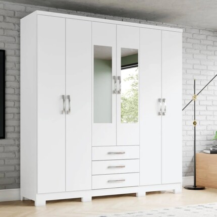 Roupeiro 1,82m 6 Portas Caju com Espelho Branco (579-2536) - Imagem 1