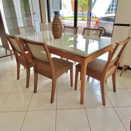Mesa 1,80m Wind com Vidro (4802) com 6 Cadeira Relax de Encosto Tela (2716) - Imagem 1
