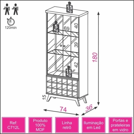 Cristaleira C712 74cm com LED e 100% MDF (5300) - Imagem 3
