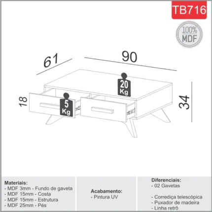 Mesa de Centro com 2 Gavetas TB716 MDF (1133) - Imagem 3