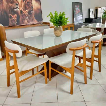 Mesa 1,80m Zafira com Vidro (5989) com 6 Cadeiras Lucy em Madeira (6192) - Imagem 1