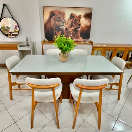 Mesa 1,80m Zafira com Vidro (5989) com 6 Cadeiras Lucy em Madeira (6192) - Imagem 2