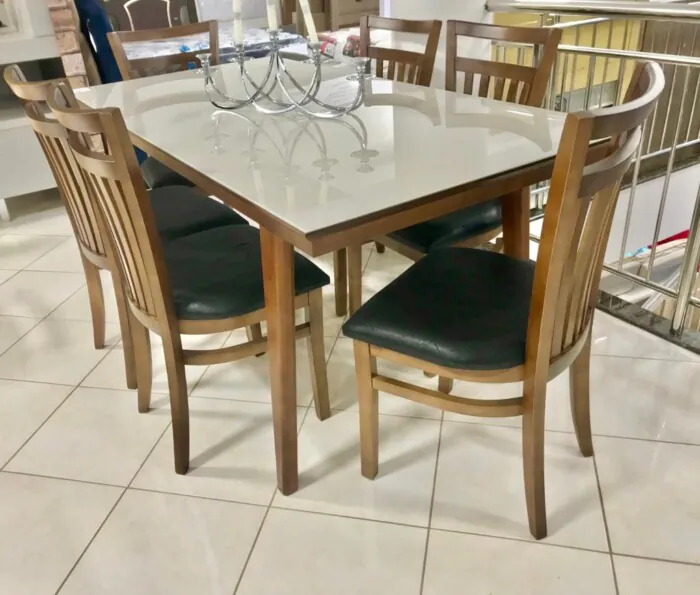 2,00m - ACG - Mesa Teresa com Vidro Off White (CD 4198) + 6 Cadeira Larissa Imbuia - Tecido NOBUCK PRETO 121 (CD 2823) (5)