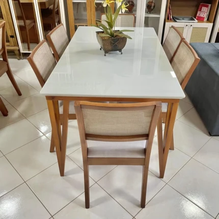 Mesa 1,60m com Vidro Rubi (4683) com 6 Cadeira Madeira Relax de Encosto Tela (2060)