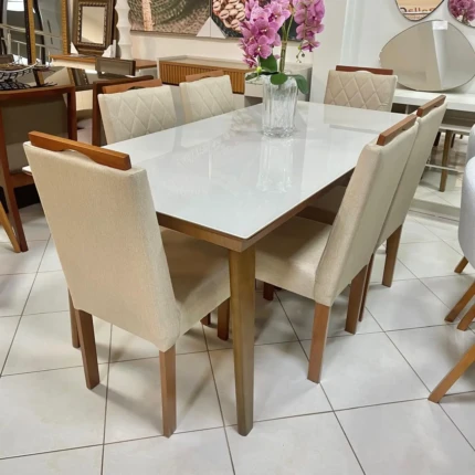 Mesa 1,80m Larissa (991) com 6 Cadeiras em Madeira e Tecido Linho CAD152 (3961)