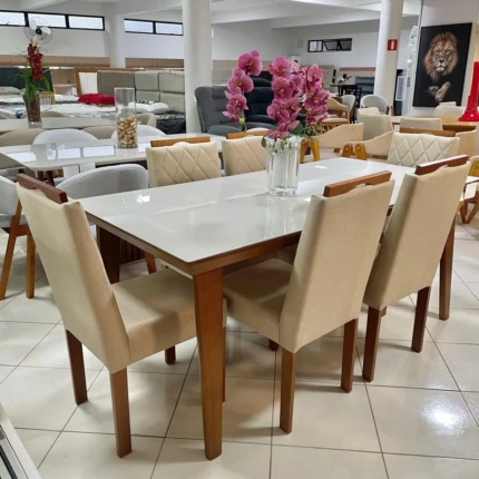 Mesa 1,80m Larissa (991) com 6 Cadeiras em Madeira e Tecido Linho CAD152 (3961) - Imagem 1