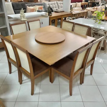 Mesa Madri 1,50m com Disco Giratório (4904) com 8 Cadeiras de Tela Alta (1088)