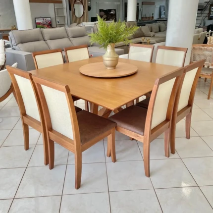 Mesa Madri 1,50m com Disco Giratório (4904) com 8 Cadeiras de Tela Alta (1088)