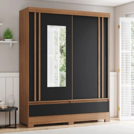 Roupeiro 1,60m 2 Portas Deslizantes com Espelho B373 Preto (5434-256)