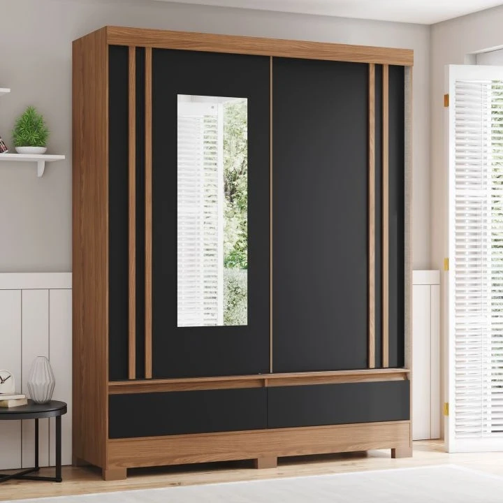 Roupeiro 1,60m 2 Portas Deslizantes com Espelho B373 Preto (5434