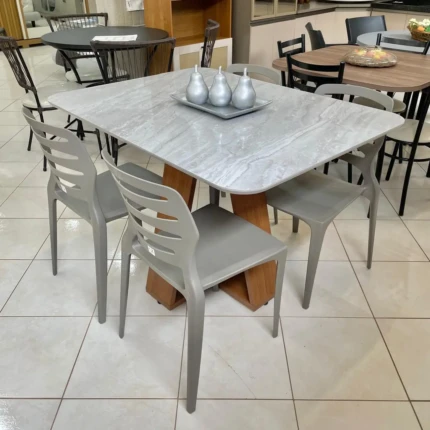 Mesa 1,20m Tampo Quartzo (3198) com 4 Cadeiras Ville Basalto (6783)