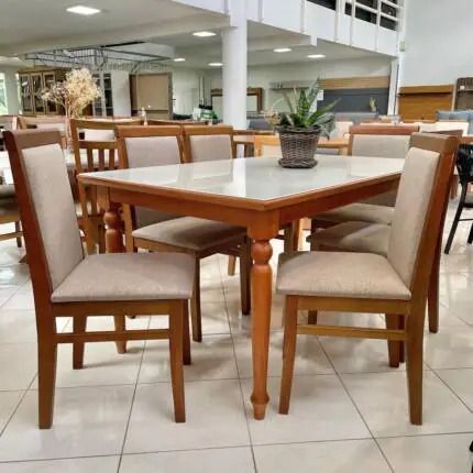 Mesa 1,60m Torneada com Vidro (2973) com 6 Cadeiras Karol Linho (2585)