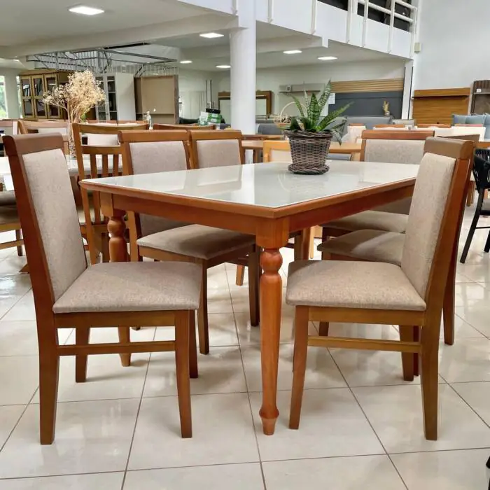 1,60m - Flamingo - Mesa Helena COM VIDRO OFF WHITE (CD 2973) + 06 Cadeira Karol Linho tec 165 (CD 2585) (6)