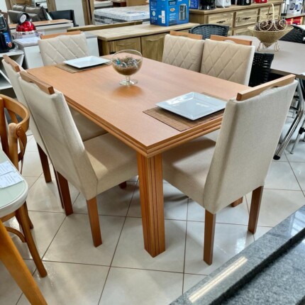 Mesa 1,60m Genova (2532) com 6 Cadeiras em Madeira e Tecido Linho CAD152 (3961) - Imagem 1