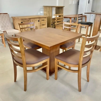 Mesa 90cm Quadrada Paris (1834) com 4 Cadeira em Madeira Ayla (1097)