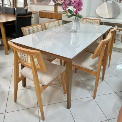 Mesa 1,80m Larissa com Vidro Off (991) com 6 Cadeiras Ayla com Tela Natural (2818) - Imagem 1