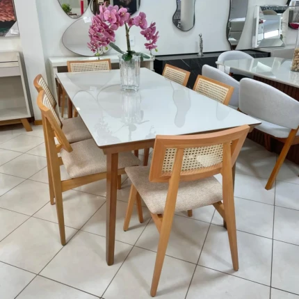 Mesa 1,80m Larissa com Vidro Off (991) com 6 Cadeiras Ayla com Tela Natural (2818) - Imagem 3