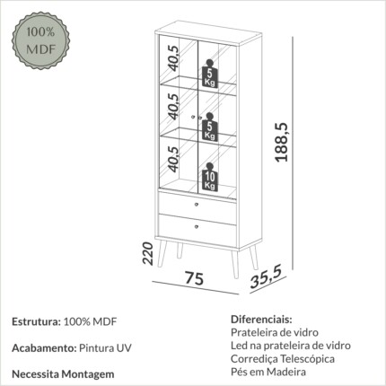 Cristaleira TB717L 75cm com LED (932) - Imagem 5