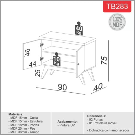 Balcao 90cm 2 Portas TB283 MDF (4206) - Imagem 3