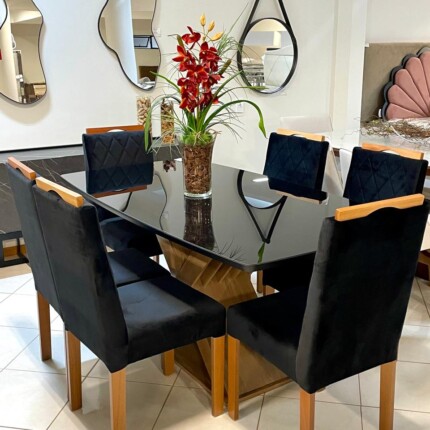Mesa 1,70m Graviola Vidro Preto (2575) com 6 Cadeiras em Madeira e Tecido Preto (4435) - Imagem 8