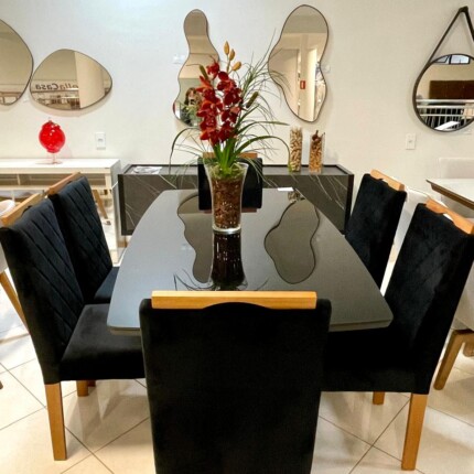 Mesa 1,70m Graviola Vidro Preto (2575) com 6 Cadeiras em Madeira e Tecido Preto (4435) - Imagem 7