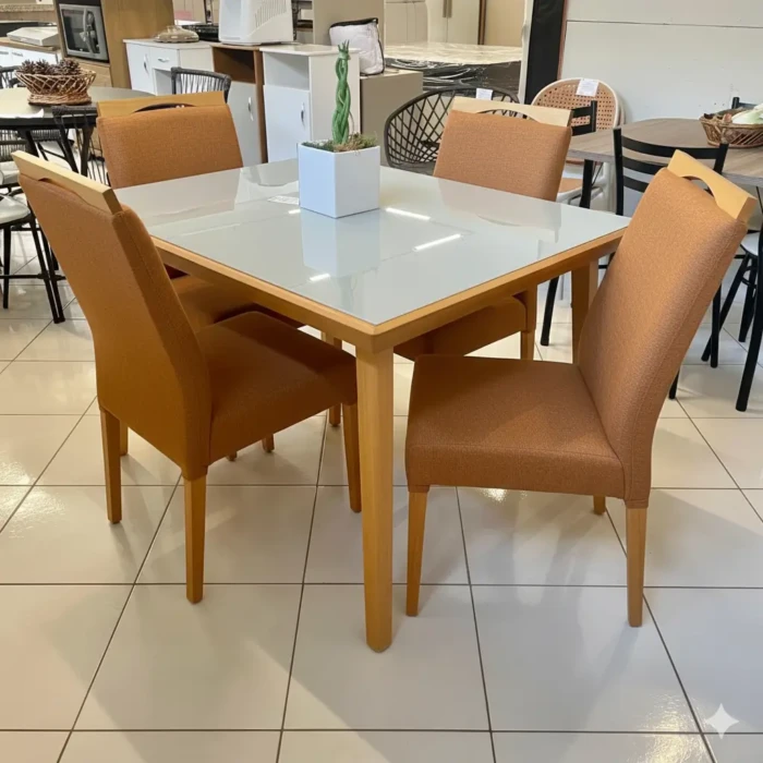 1,15m - Liptus - Mesa Pamela com Vidro Nacre (CD 5096) + 04 Cadeira Betina Couro CARAMELO (CD 3886)