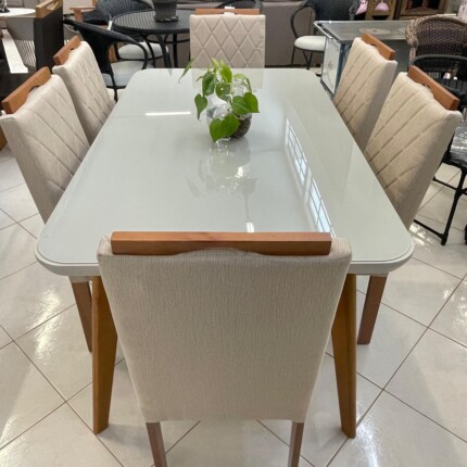 Mesa Rafaela com Vidro (5501) com 6 Cadeiras em Madeira e Tecido Linho CAD152 (3961) - Imagem 3